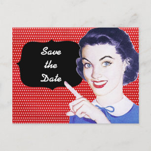 1950s Pointing Woman Save the Date Announcement Postcard