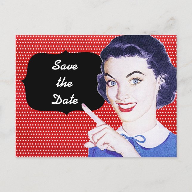 1950s Pointing Woman Save the Date Announcement Postcard (Front)
