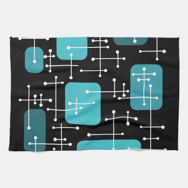 1950s Retro Art Crosshairs Black Teal Tea Towel (Horizontal)