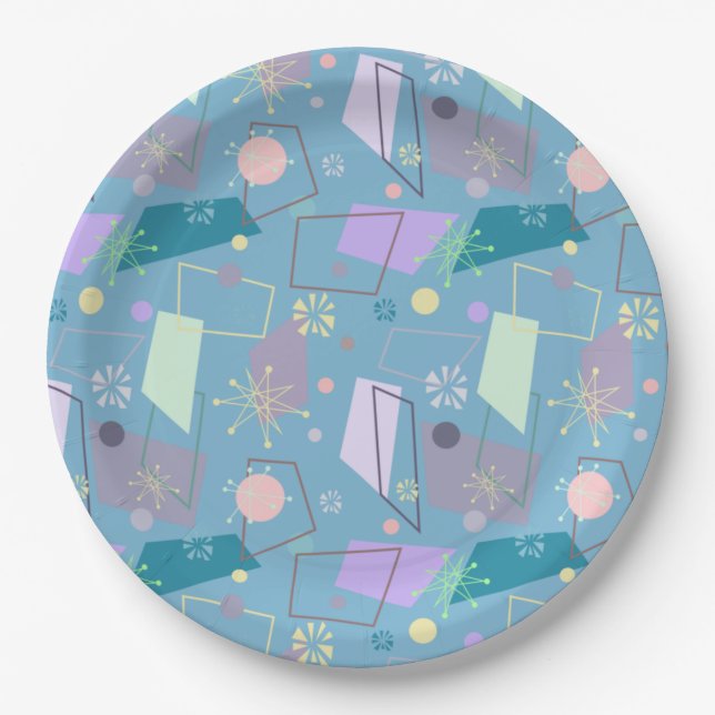 1950s Retro Atomic Pattern in Blue and Purple Paper Plate (Front)