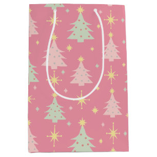 1950s Retro Christmas Pattern in Pink and Green Medium Gift Bag