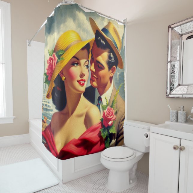 1950s Retro Couple Painting Shower Curtain (In Situ)
