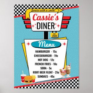 1950's Retro Diner Menu Teal, Red, Yellow Poster