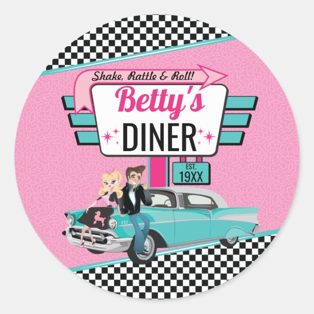 1950's Retro Diner Pink & Teal Sock Hop Classic Round Sticker (Front)