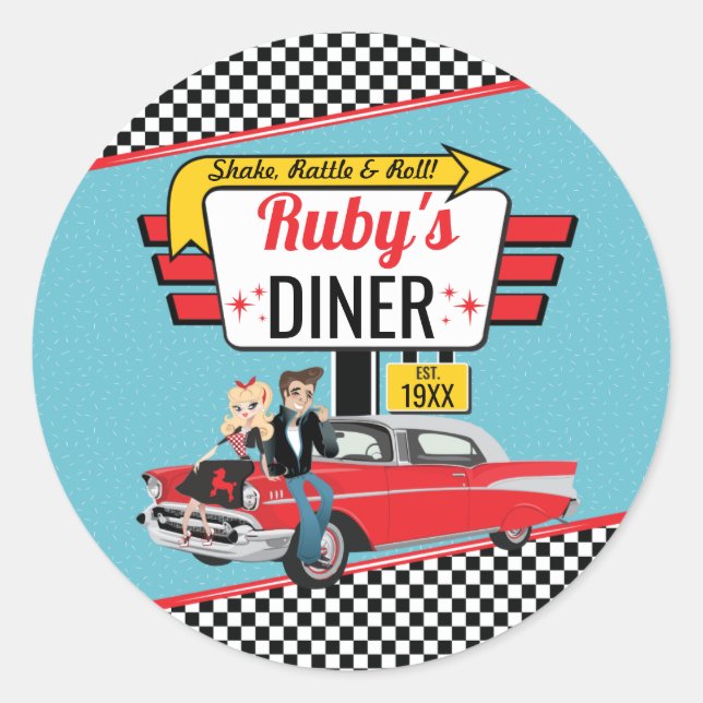 1950's Retro Diner Teal & Red Sock Hop Classic Round Sticker (Front)