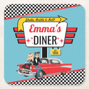 1950's Retro Diner Teal/Yellow Birthday Party Square Paper Coaster