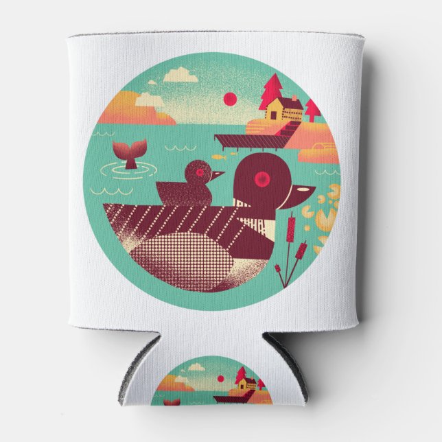 1950s Retro Loon Bird on a Lake Can Cooler (Front)