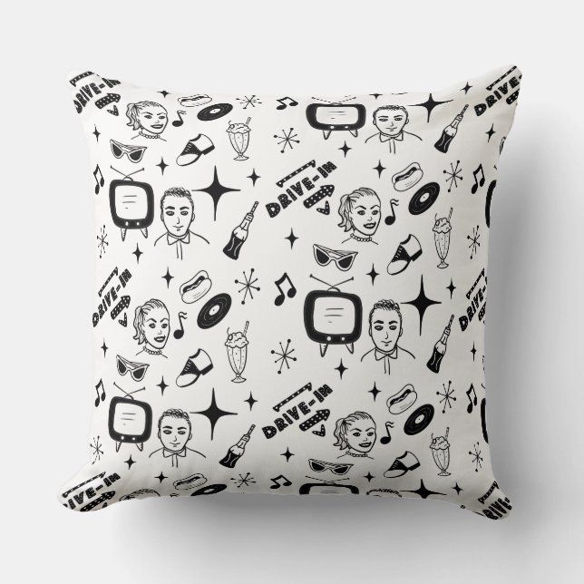 1950's Retro Nostalgic Graphics Black and White  Cushion (Front)