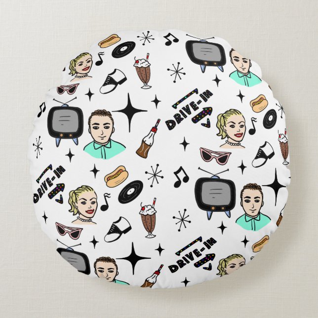 1950's Retro Nostalgic Graphics     Round Cushion (Front)