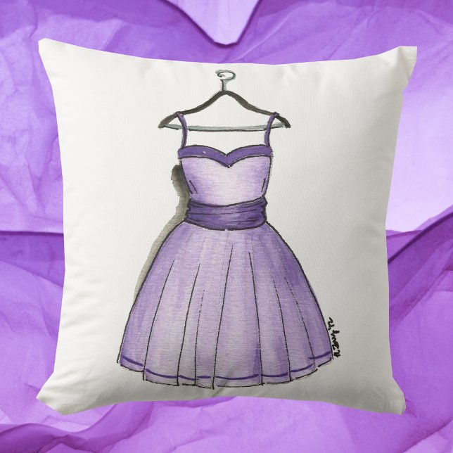 1950s Retro Purple Prom Party Dress Fashionista Cushion (Purple prom dress pillow)