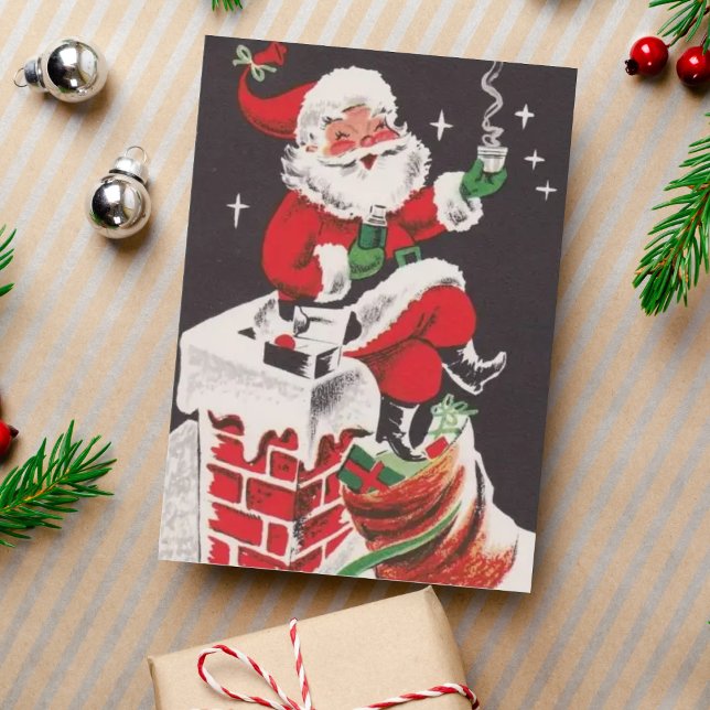 1950s Retro Santa on Rooftop Vintage Christmas Holiday Card (Creator Uploaded)