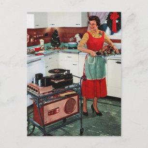 1950s retro vintage housewife in kitchen & turkey postcard