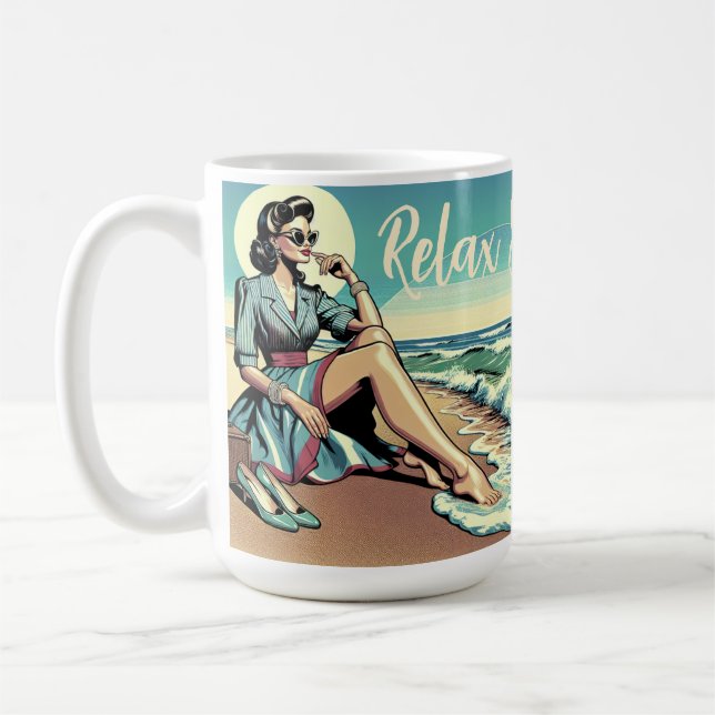 1950's Retro Woman Sitting on the Beach Coffee Mug (Left)