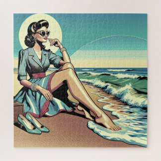 1950's Retro Woman Sitting on the Beach Jigsaw Puzzle