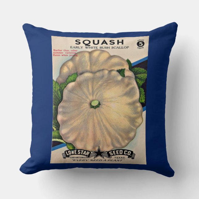 1950s seed packet white squash print cushion (Front)