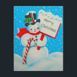 1950's Snowman Merry Christmas Postcard<br><div class="desc">Retro Christmas Card with a snowman holding candy cane</div>