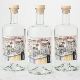 1950s Soda Shop Watercolor Art Print Liquor Bottle Label