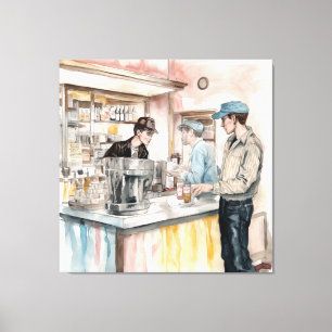 1950s Soda Shop Watercolor Canvas Art Print