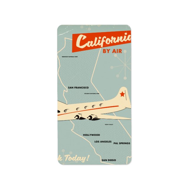 1950s style California "by air" travel poster Label (Front)