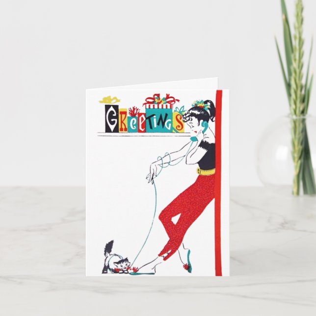 1950s Teen Girl on Phone with Kitty Holiday Card (Front)