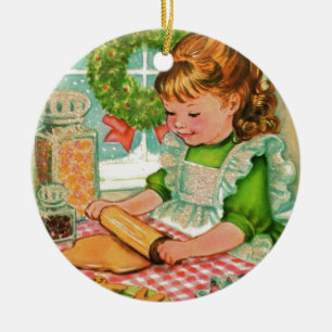 1950'S Vintage Christmas Girl Baking Cookies Ceramic Tree Decoration
