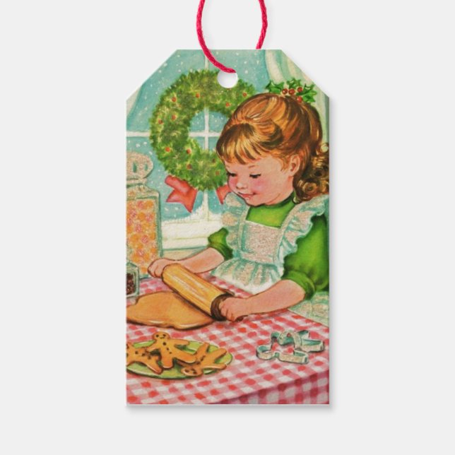 1950's Vintage Christmas Girl Baking Cookies Gift Tags (Front)