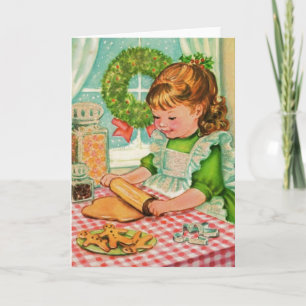 1950'S Vintage Christmas Girl Baking Cookies Holiday Card