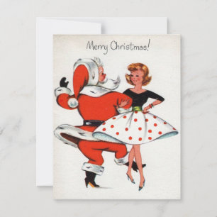 1950s Vintage Christmas Girl Dancing With Santa Holiday Card
