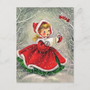 1950s Vintage Christmas Girl In Dress Holiday Postcard