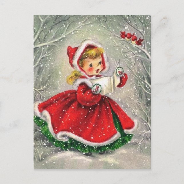 1950s Vintage Christmas Girl In Dress Holiday Postcard (Front)