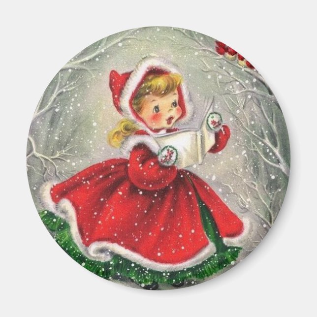 1950s Vintage Christmas Girl In Dress Magnet (Front)