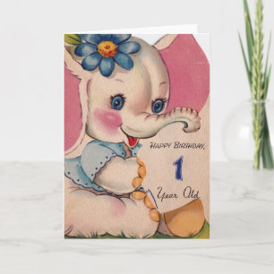 1950s Vintage Elephant Happy Birthday 1 Years Old Card