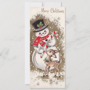 1950s Vintage Snowman With Baby Deer Card
