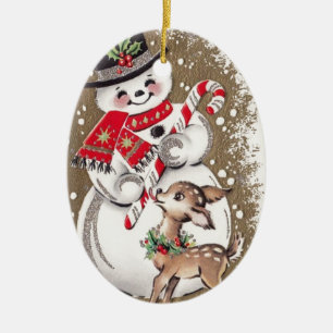 1950s Vintage Snowman With Baby Deer Ceramic Tree Decoration