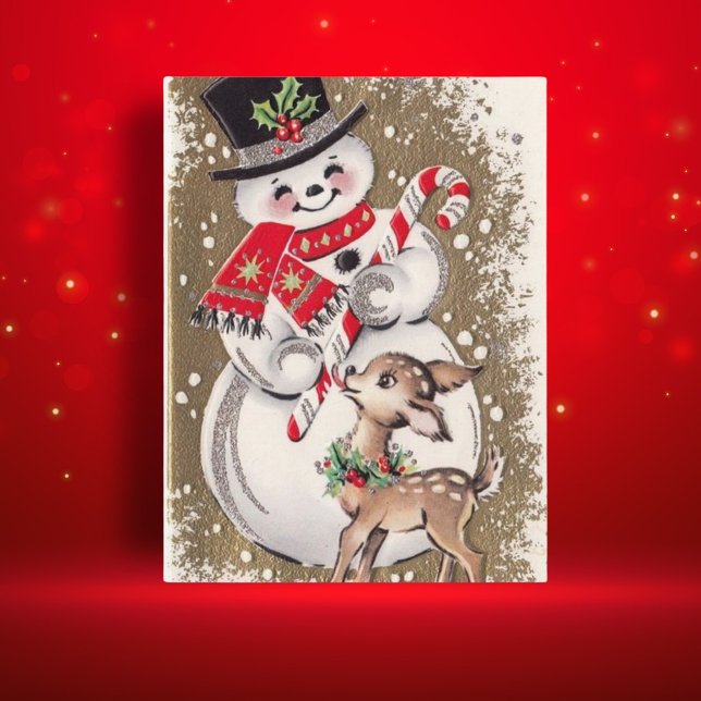 1950s Vintage Snowman With Baby Deer Postcard (Creator Uploaded)