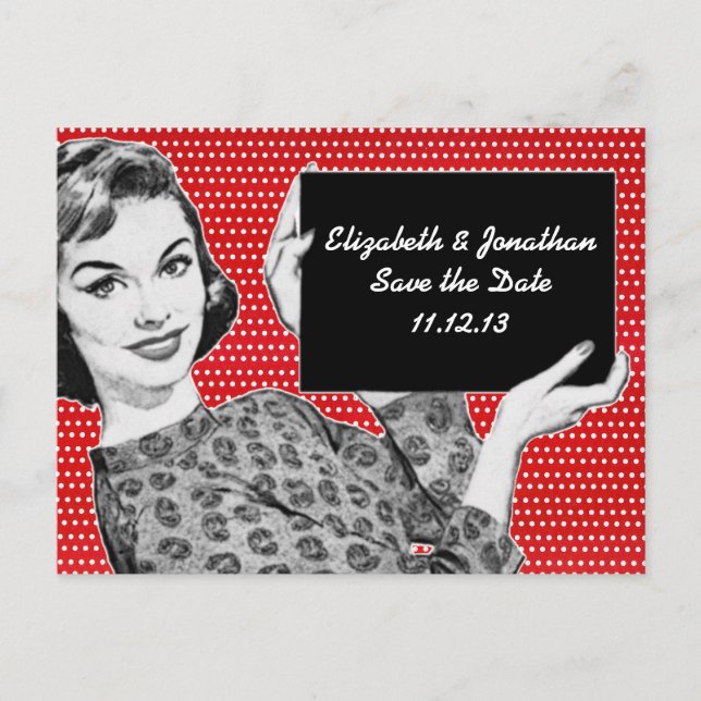 1950s Woman with a Sign Save the Date Announcement Postcard (Front)