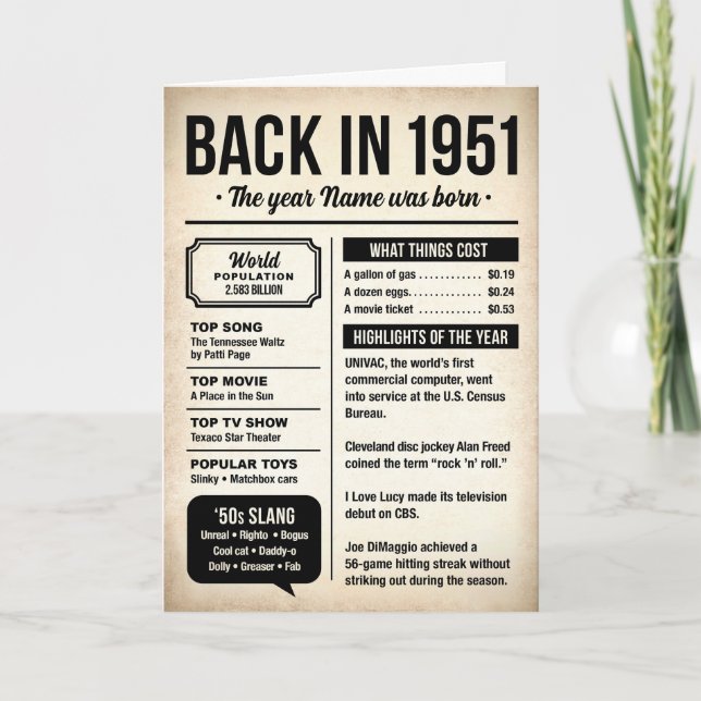 1951 Back in the Day, Fun Facts, 75th Birthday Card (Front)