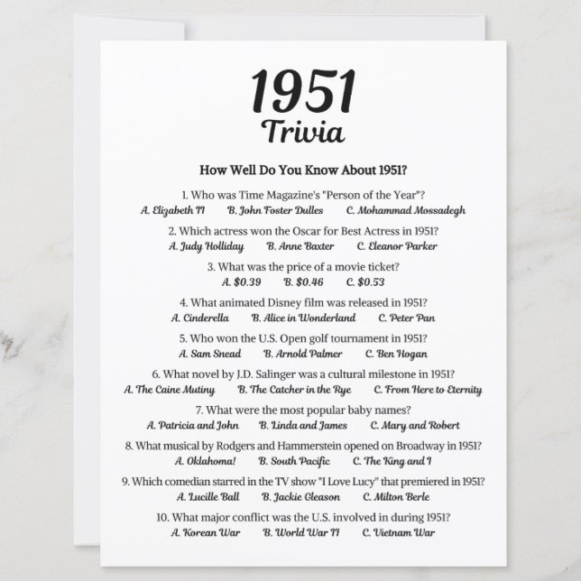 1951 Trivia Game | 74th Birthday Party Game (Front)