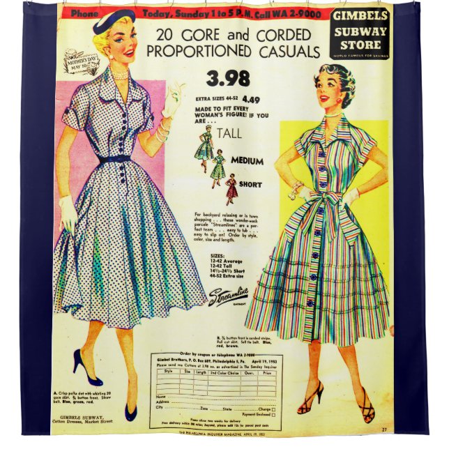 1953 Gimbels Subway Store dress sale ad print Shower Curtain (Front)