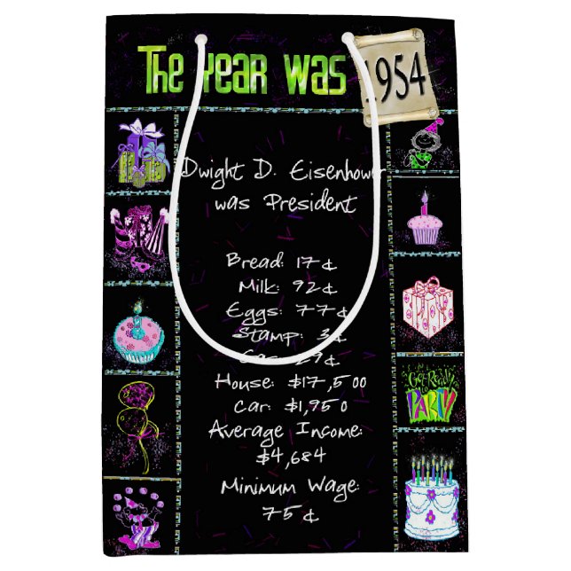 1954 Birth Year Trivia on Black Medium Gift Bag (Front)
