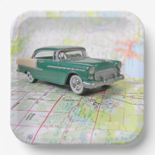 1955 Car On Road Map Paper Plate