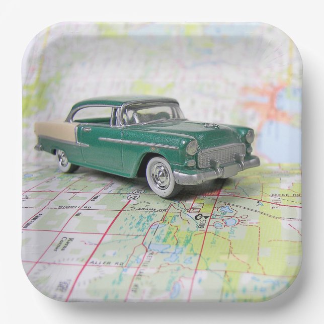 1955 Car On Road Map Paper Plate (Front)