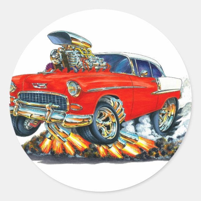 1955 Chevy Belair Red Car Classic Round Sticker (Front)
