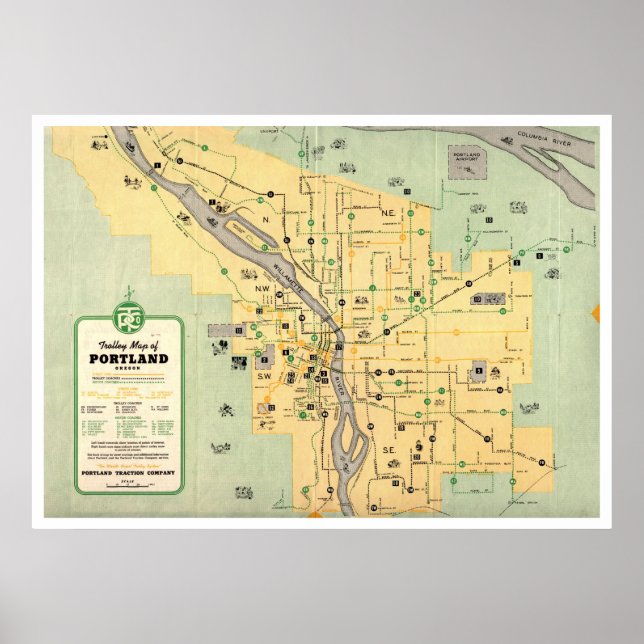 1955 Portland Oregon Trolley Streetcar Map Poster (Front)