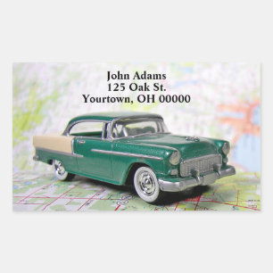 1955 retro car on road map rectangular sticker