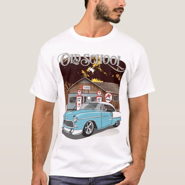 1955 Skyline Blue Chevy Bel Air Old School Printed T-Shirt (Front)