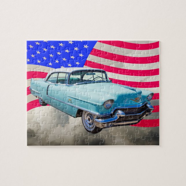 1956 Sedan Deville Cadillac And American Flag Jigsaw Puzzle (Horizontal)