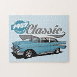 1957 Blue Custom Classic Jigsaw Puzzle<br><div class="desc">This is a rendering of a classic car created using chalks and markers with the background digitally added.</div>