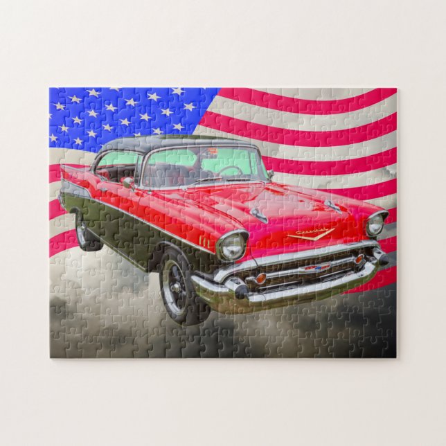 1957 Chevrolet Bel Air And American Flag Jigsaw Puzzle (Horizontal)