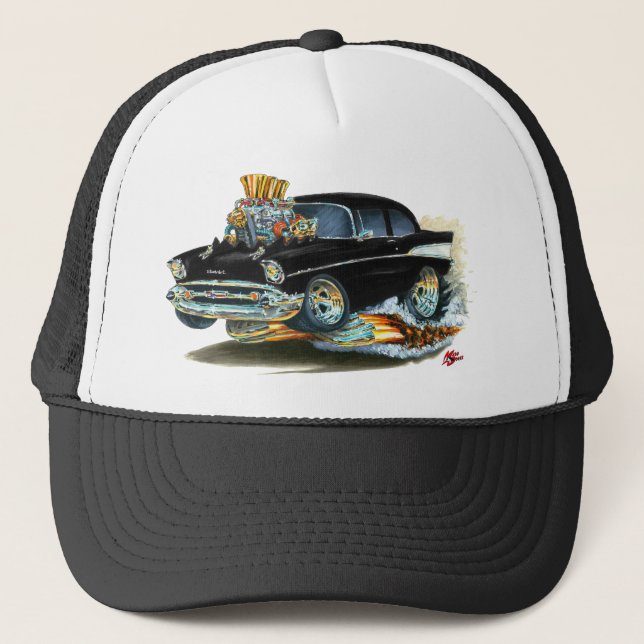 1957 Chevy 150-210 Black Car Trucker Hat (Front)